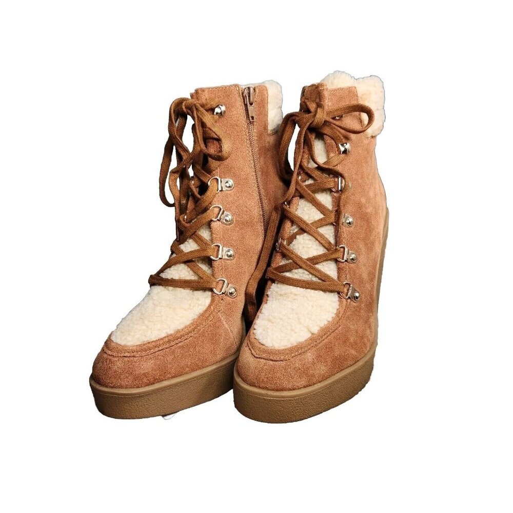 Jessica Simpson Women's Size 9 M Maelyn Wedge Booties Caramel Leather Suede 645